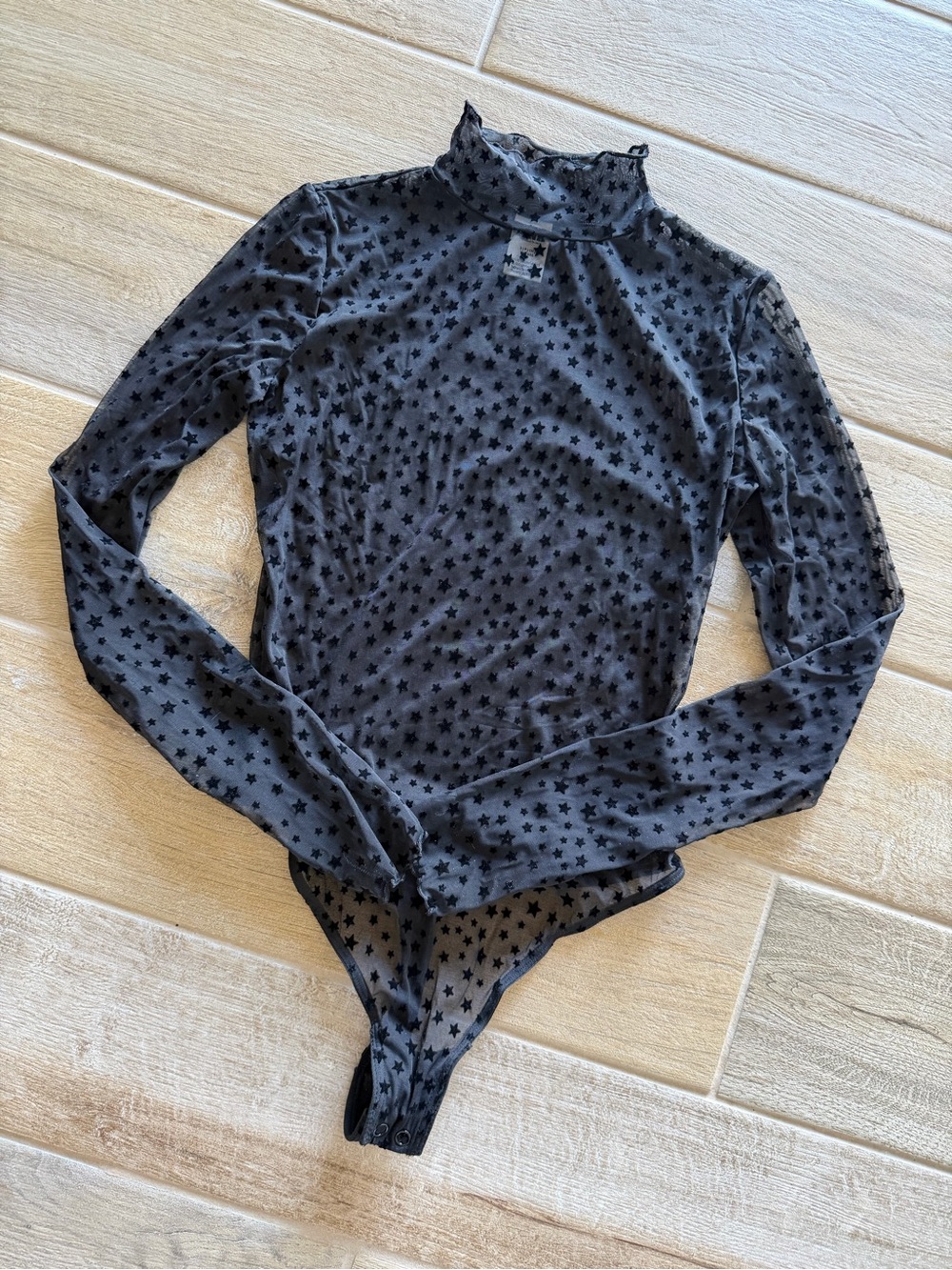 PINK Victoria's Secret Sheer Black Star-Print Mock Neck Bodysuit